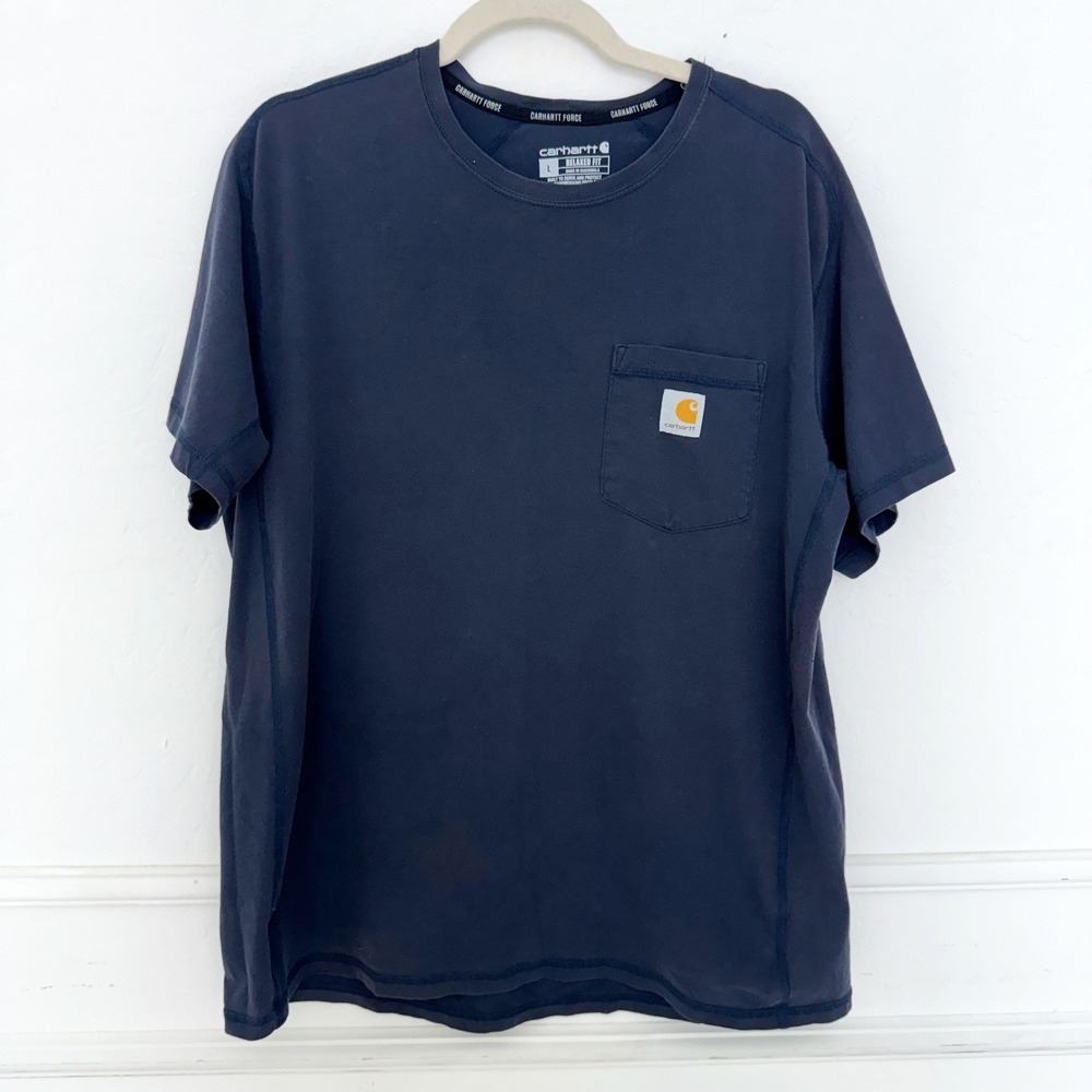 Carhartt T-Shirt Mens Large Navy Blue Force Relaxed Fit Pocket Short Sleeve Tee